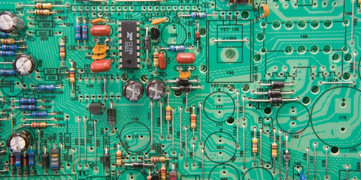 Close-up of a green computer circuit board with various electronic components including resistors, capacitors, and integrated circuits.